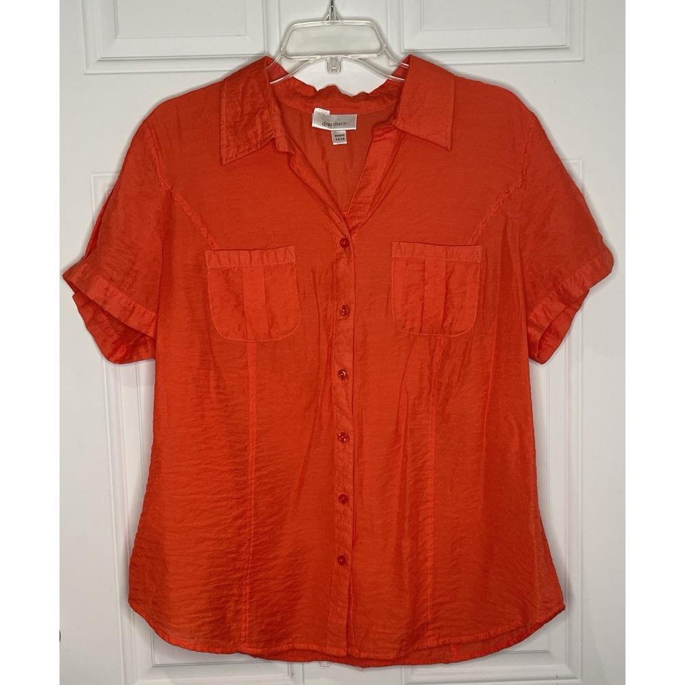 Dress Barn Woman's Top Size 14 16 Orange Coral Shirt Sleeve Button Up Collar
